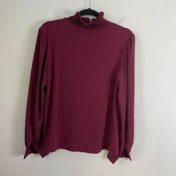 Ann Taylor Womens Small Burgundy Smocked Mock Neck Long Sleeve Blouse Shirt - Picture 10 of 10